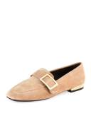 Suede Metal-Buckle Loafer, Beige