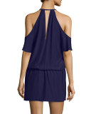 Cecilia Cold-Shoulder Silk Blouson Dress, Navy