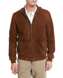 Hooded Suede Bomber Jacket, Brown