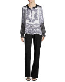 Myrina Lace-Trimmed Printed Silk Blouse, White Multi