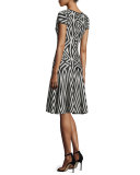 Geometric-Lines Knit V-Neck Dress, Caviar/Sahara