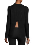 Carly Ribbed Split-Back Pullover, Black