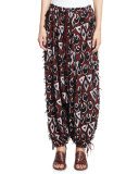 Frayed Jacquard Harem Pants, Burgundy/Navy