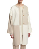 Long-Sleeve Button-Front Kimono Coat, Ivory/Tan