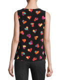Sleeveless Ruffled Heart-Print Blouse, Black