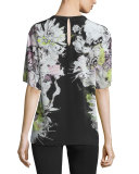Floral-Print Short-Sleeve Kimono Blouse, Black/Yellow