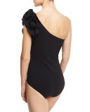 Chrysa One-Shoulder Floral Ruffle One-Piece Swimsuit, Black