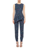 Boulder-Print Peplum Top, Navy