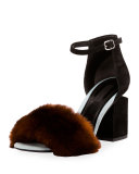 Abby Rabbit-Fur Tilt-Heel City Sandal, Ochre 