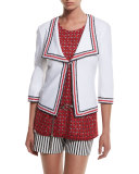 Clair Striped-Trim 3/4-Sleeve Jacket, Bianco/Multi