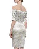 Off-the-Shoulder Metallic Sheath Dress, Aluminum