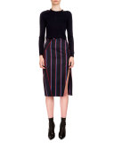Monroe Striped Side-Slit Pencil Skirt, Navy/Tango