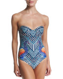 Peacock-Printed Bustier One-Piece Swimsuit