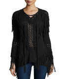 Fringe Open-Knit Lace-Up Sweater