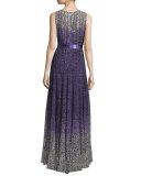 Sleeveless Paneled Floral Gown, Purple/Multicolor