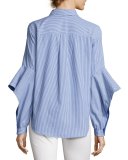 Thelma Striped Ruffle-Sleeve Shirt, Bluette