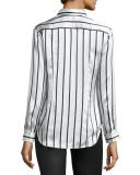 Long-Sleeve Striped Silk Charmeuse Blouse, Silver/Midnight/White