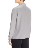 Long-Sleeve Asymmetric-Hem Silk Blouse, Medium Gray