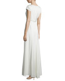 Crepe Back Belted Satin Gown, White