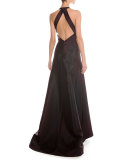 Crisscross Open-Back Halter Gown, Plum