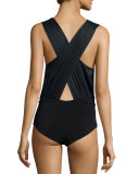 Cross-Back Zip-Trim Surplice Bodysuit, Black