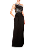 One-Shoulder Embellished Gown, Black