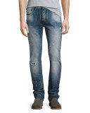 Distressed Spay-Bleached Relaxed Slim Jeans, Indigo