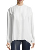Long-Sleeve Bibbed Chiffon Blouse, Ivory