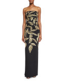 Strapless Sequined Leaf Column Gown, Black/Gold