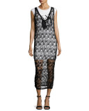2-in-1 Sheer Netted V-Neck Midi Dress w/ Jersey Underlay, Black