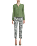Long-Sleeve Round-Neck Tweed Jacket, Green