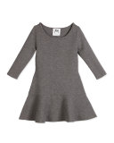 3/4-Sleeve Slub Jersey Flounce Dress, Charcoal, Size 8-14