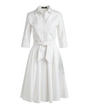 Half-Sleeve Belted Shirtdress, White