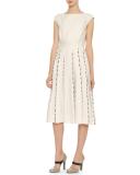 Cap-Sleeve Embroidered Linen Dress, Mist/Black