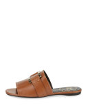 Square-Buckle Flat Slide Sandal, Cognac