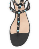Rockstud Leather Flat Gladiator Sandal, Black/Turquoise/Gold