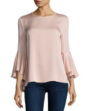 3/4-Bell-Sleeve Stretch-Silk Blouse, Light Pink