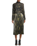 Floral Metallic Midi Skirt, Olive