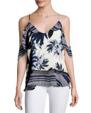 Ren Mixed-Print Cold-Shoulder Silk Camisole Top, Antigua