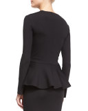 Mel Long-Sleeve Peplum Top, Black
