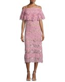 Off-the-Shoulder Lace Popover Midi Dress, Pink