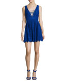 Storm Lace-Up Lace Mini Dress, Marine Blue