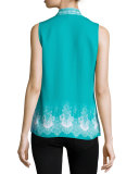Livvy Sleeveless Lace-Print Silk Blouse, Multi