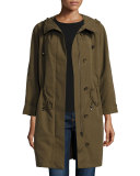 Hooded Zip-Front Jacket w/ Multicolored Fur Trim, Green Multi