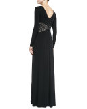 Lace-Inset Gathered Jersey Gown