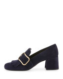 Suede Buckle Kiltie Loafer, Blue (Bleu)