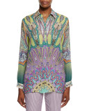 Long-Sleeve Printed Silk Tunic, Green/Lilac