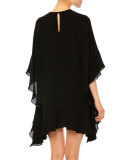 3/4-Sleeve Flutter Poncho Dress, Black