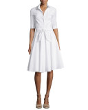 Half-Sleeve Belted Shirtdress, White