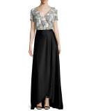 Metallic Blossom Faux-Wrap Blouse, Bianco/Caviar